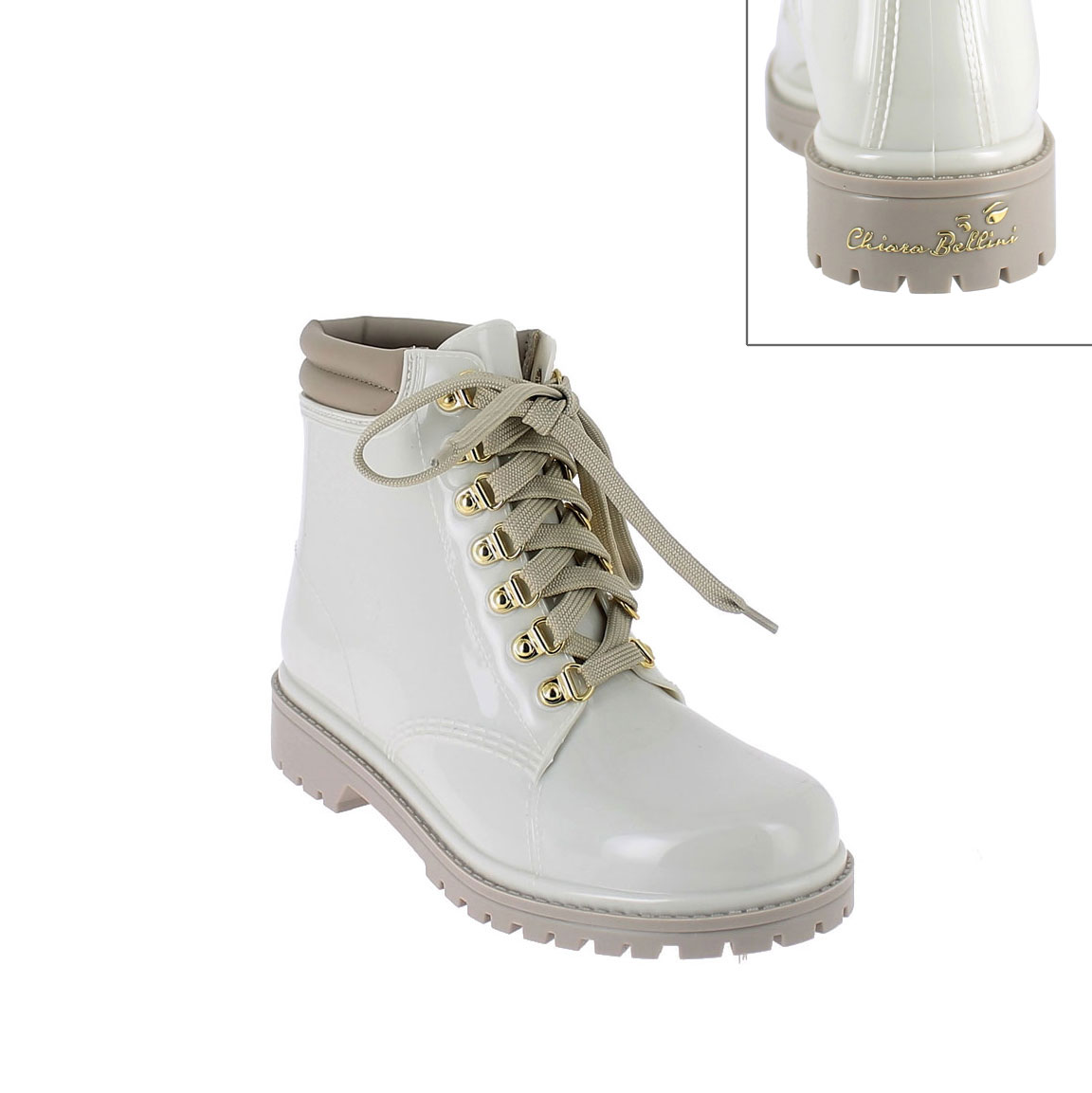 Short laced up walking boot in trench pvc with leatherette padded trim. New 3D logo
