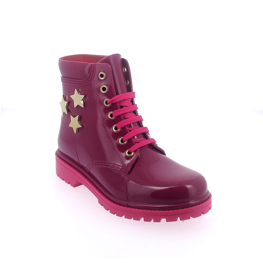 SHORT LACED UP WALKING BOOT IN "LAMPONE" PVC WITH GOLD STARS