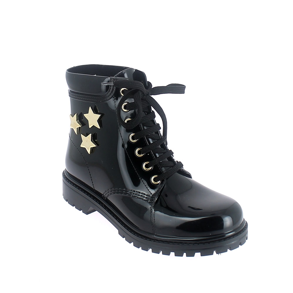 Short laced up walking boot in black pvc with gold stars