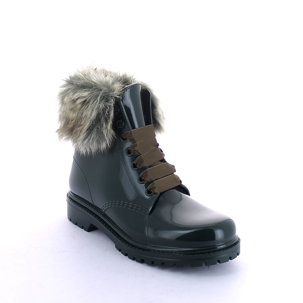 Short laced up boot in Pine Green pvc with faux fur collar and felt inner lining