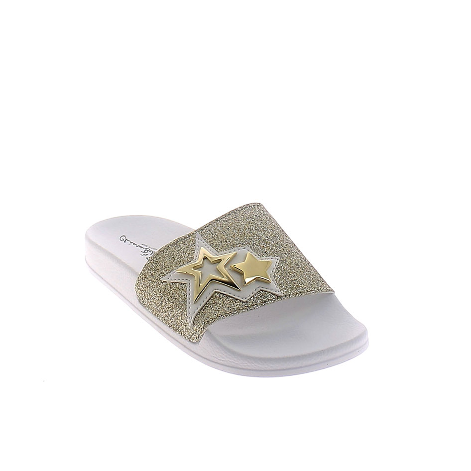 SUMMER MULE IN GOLD-WHITE COLOUR WITH GLITTERY BAND UPPER AND METAL STARS APPLICATION