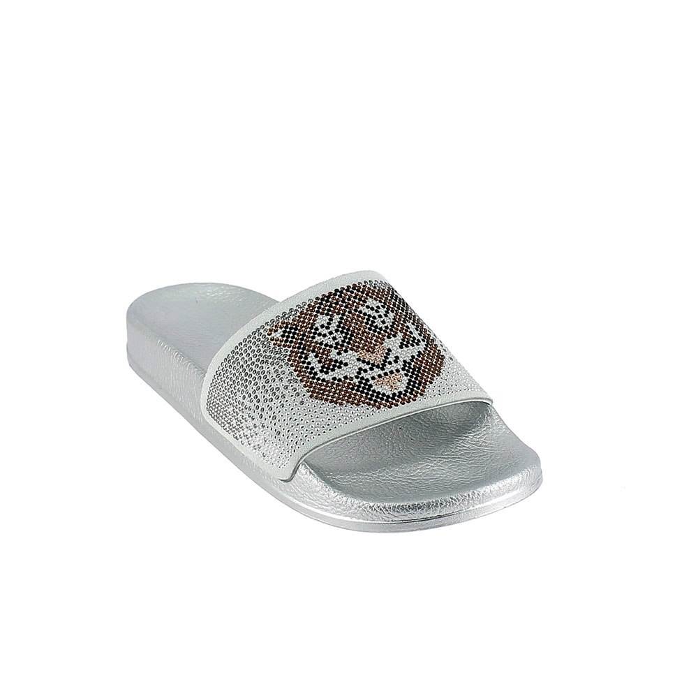 LEATHER MULE WITH "TIGER" RHINESTONES. SILVER