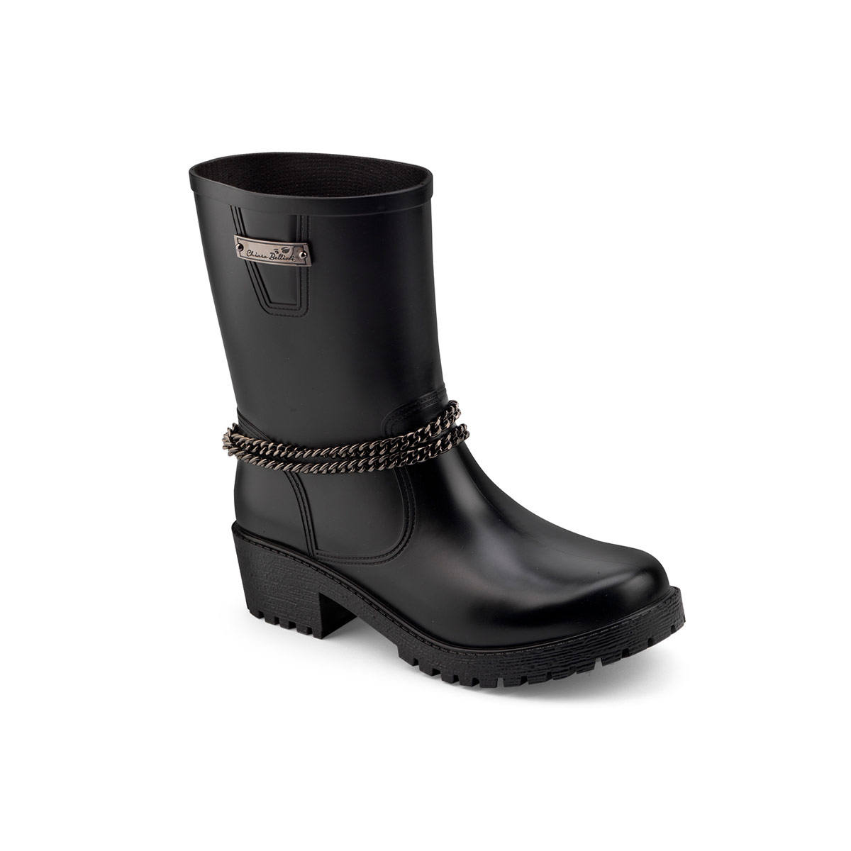 Biker boot with a double ankle chain