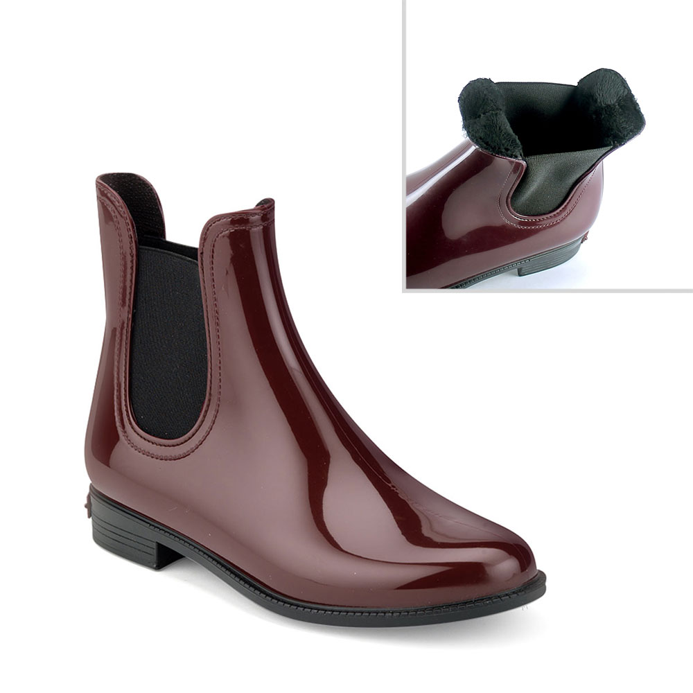 Chelsea boot in Bordeaux pvc with synthetic sheared faux fur lining