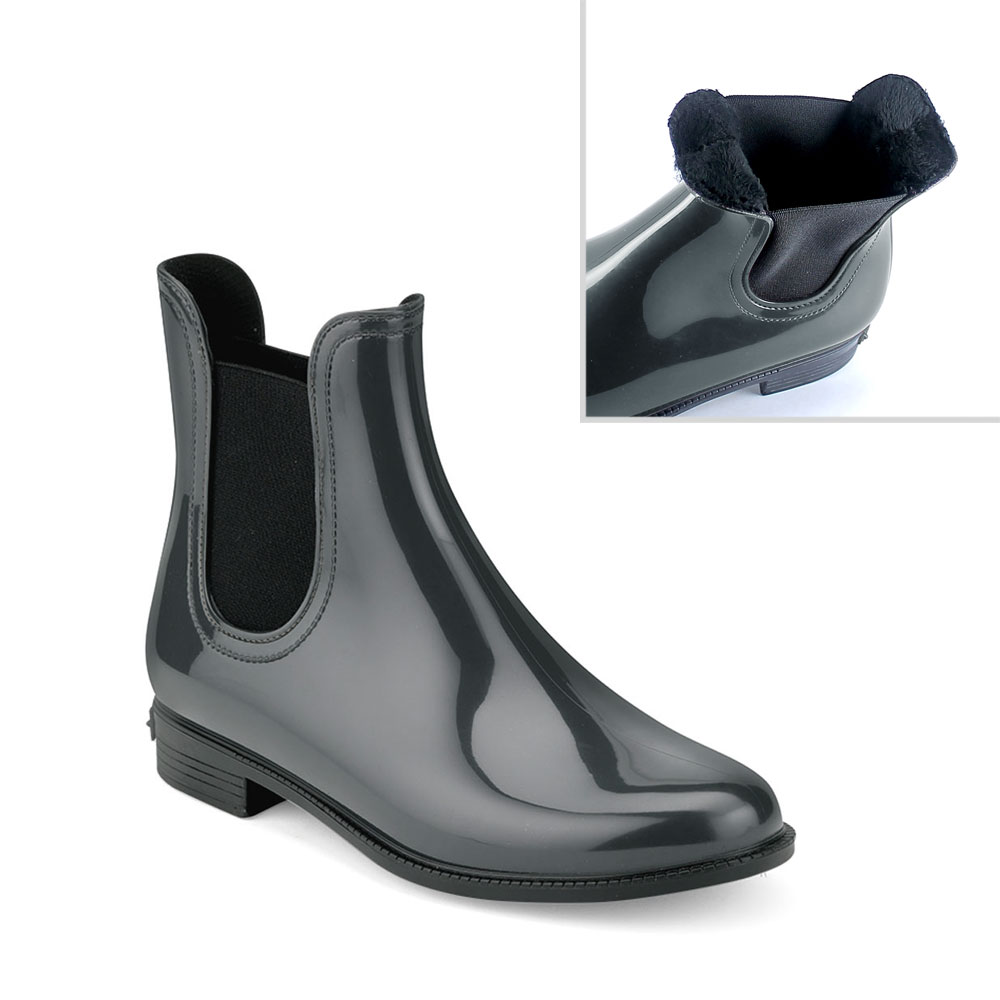 Chelsea boot in Smoke Gray pvc with synthetic sheared faux fur lining