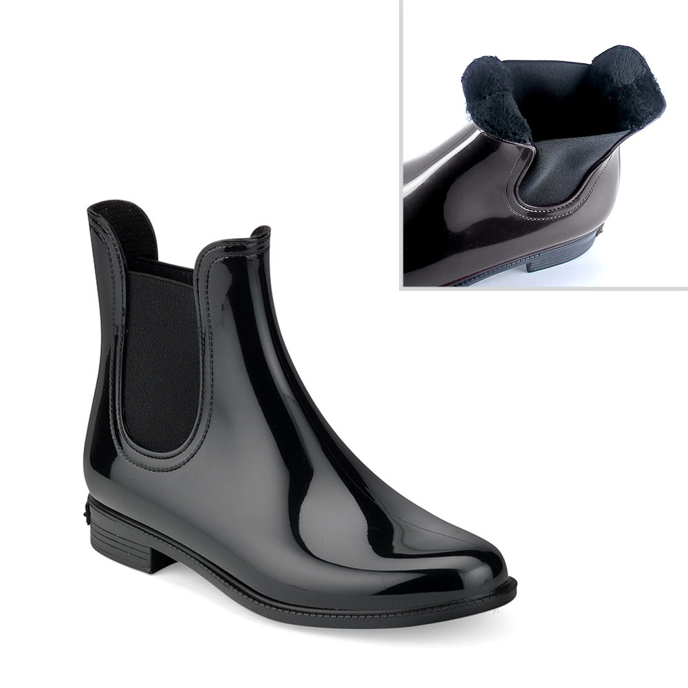 Chelsea boot in Black pvc with synthetic sheared faux fur lining