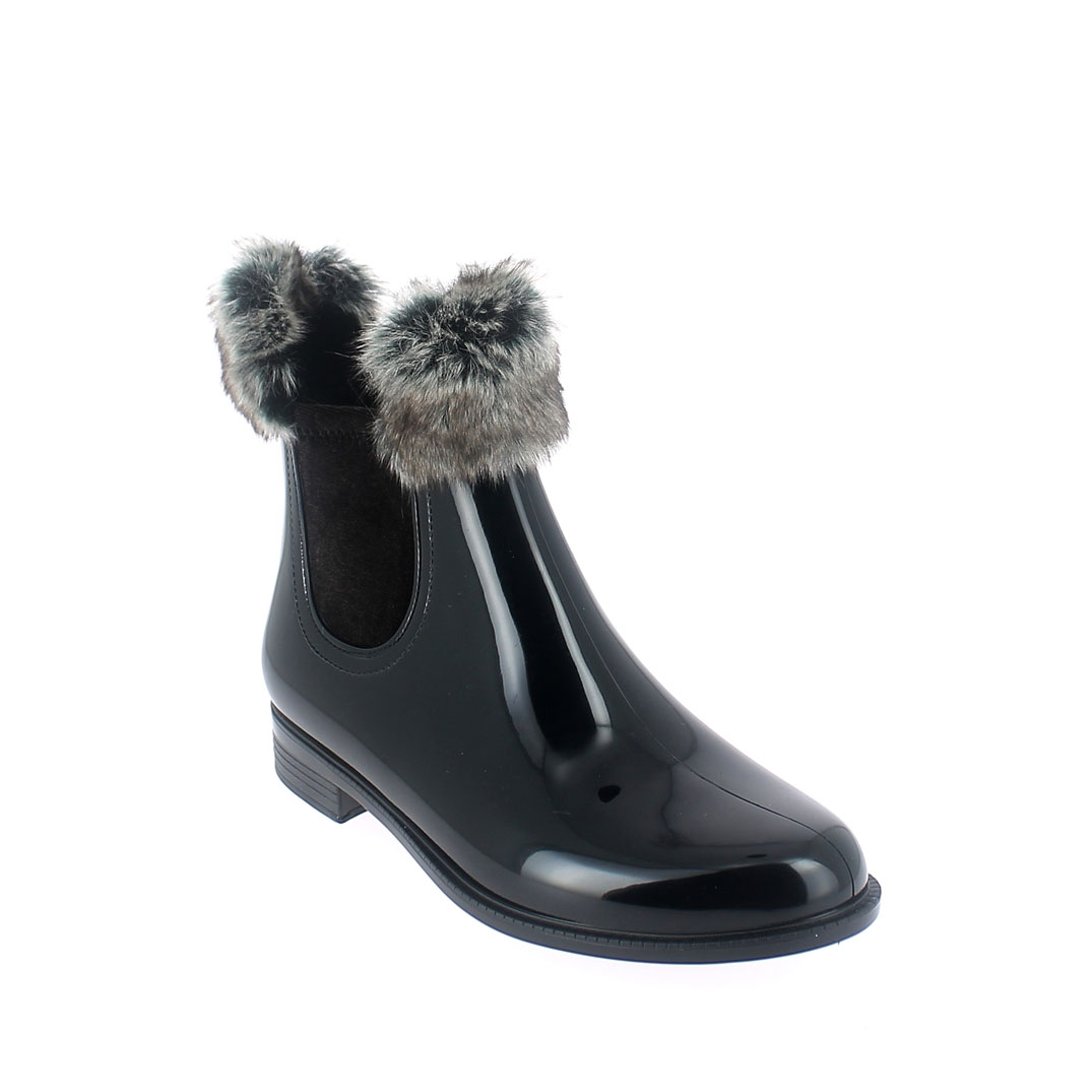 Chelsea boot in Black-Brown pvc with synthetic sheared faux fur lining and cuff