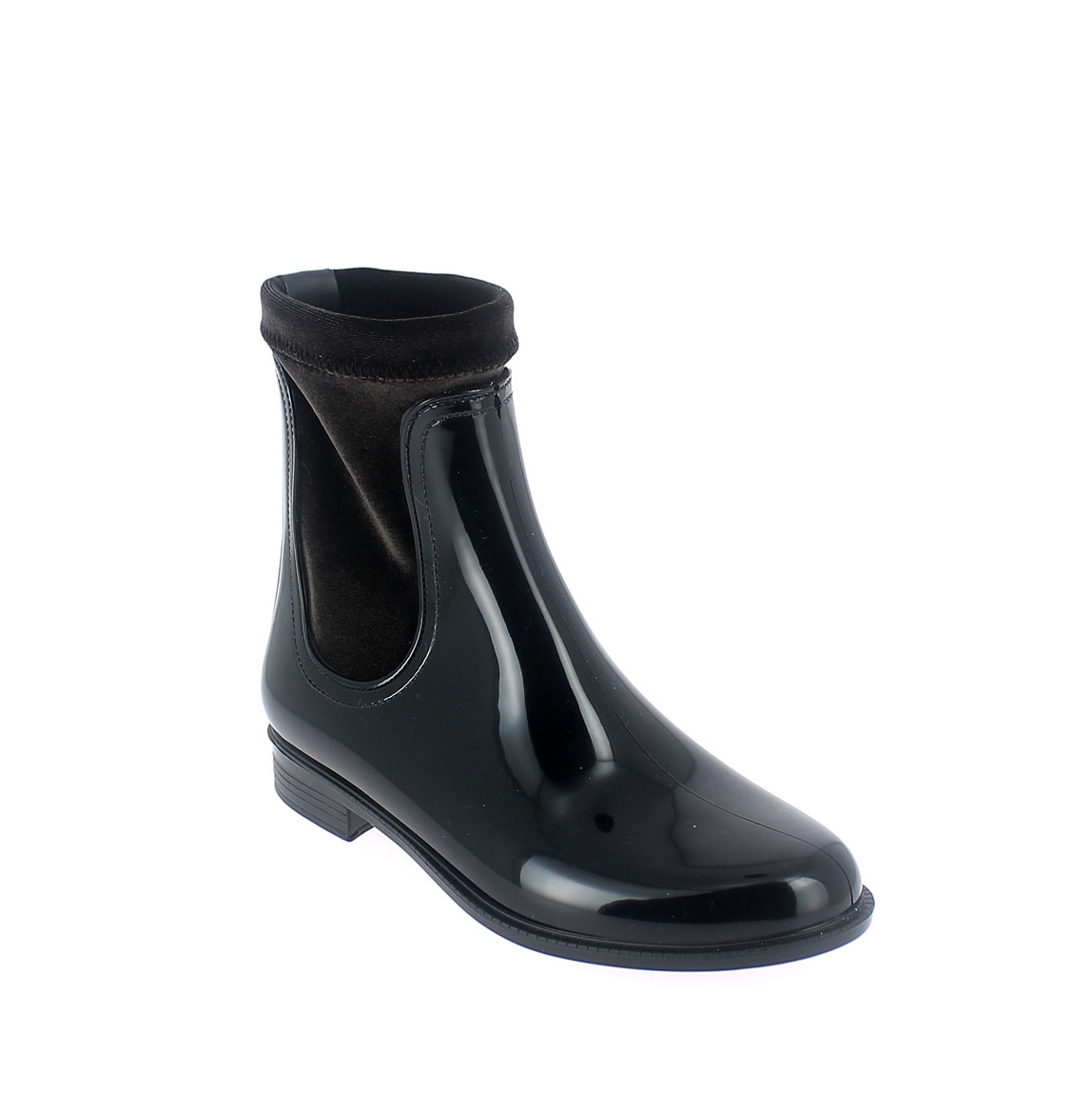 Chelsea boot in Black-Brown pvc with stretch velvet lining