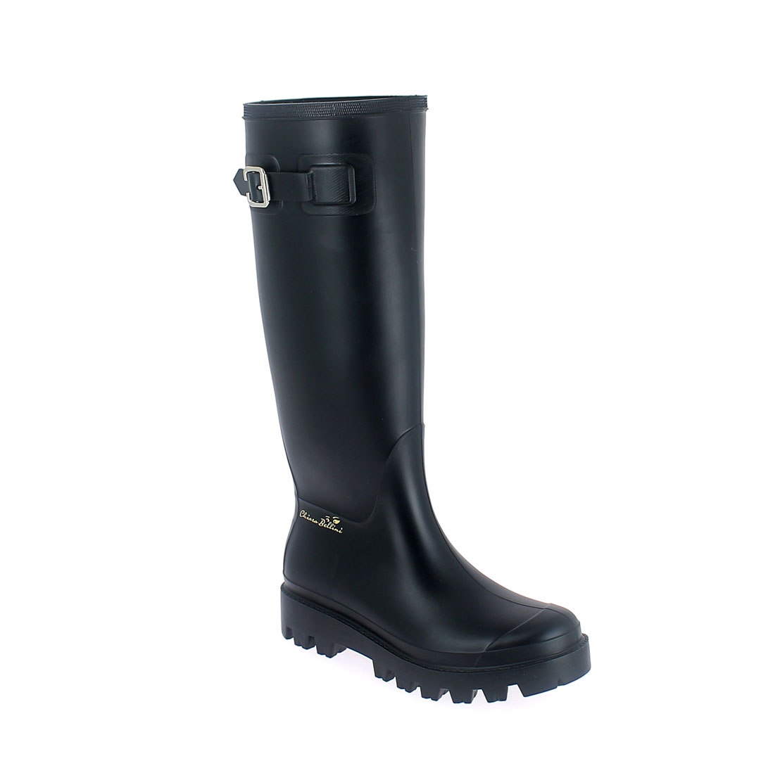 Wellington boot in Black pvc with metal buckle and 3D logo