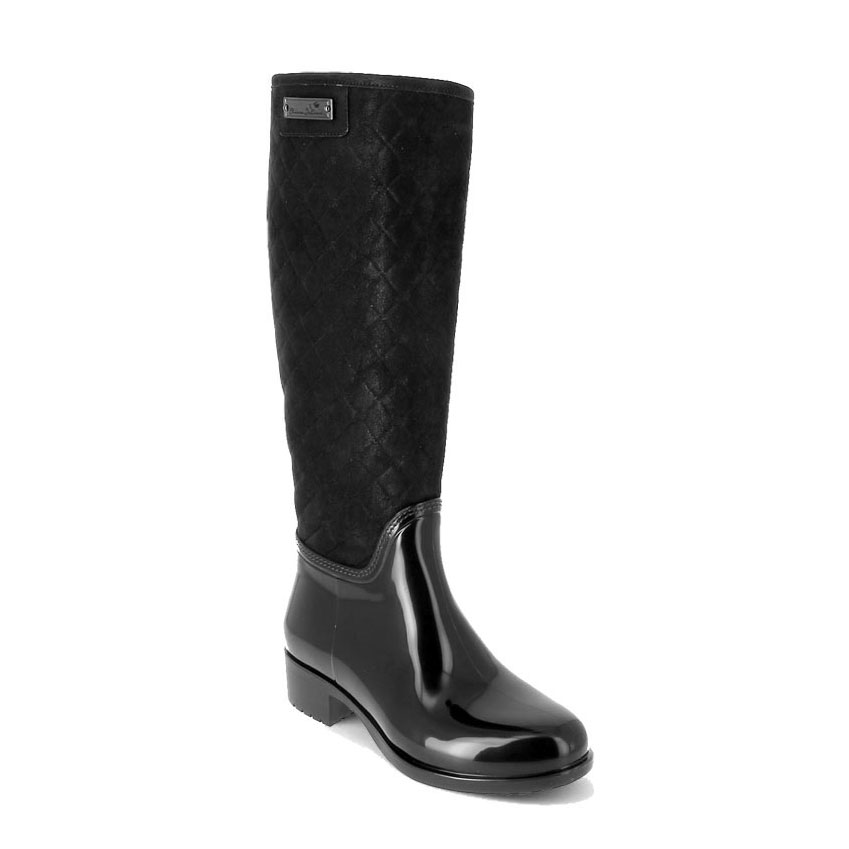 Pvc boot in black with a suede effect high leg with quilting