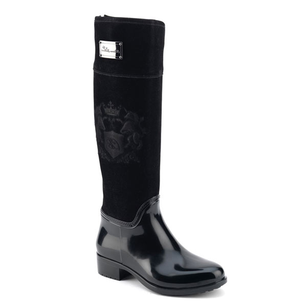 Luxury Pvc boot in black with a suede effect high leg and embossing