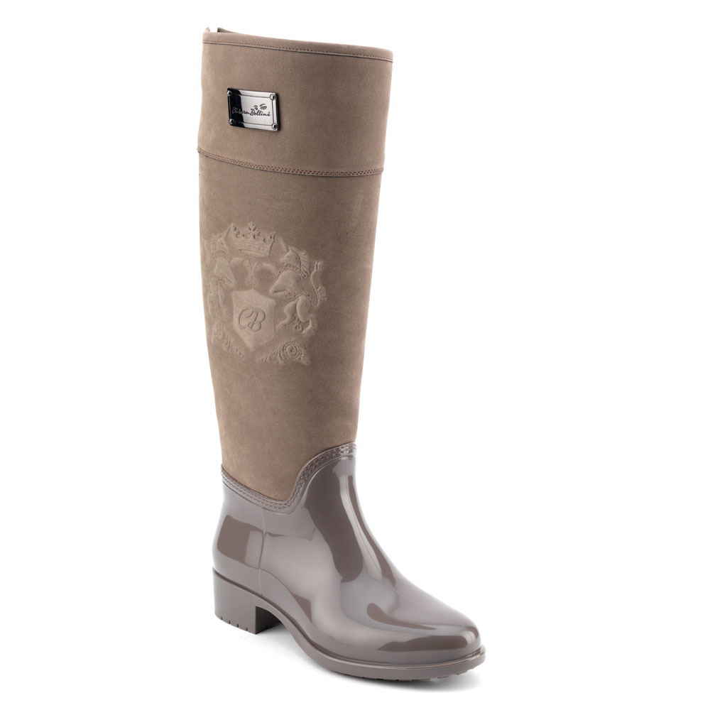 Luxury Pvc boot in taupe with a suede effect high leg and embossing
