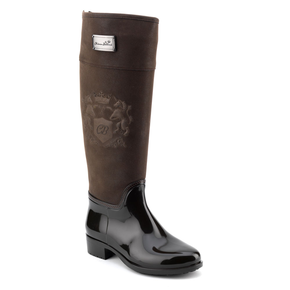 Luxury Pvc boot in dark brown with a suede effect high leg and embossing
