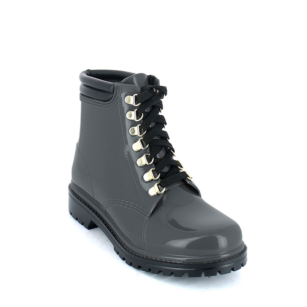 Short laced up walking boot in Smoke Gray pvc with leatherette padded trim