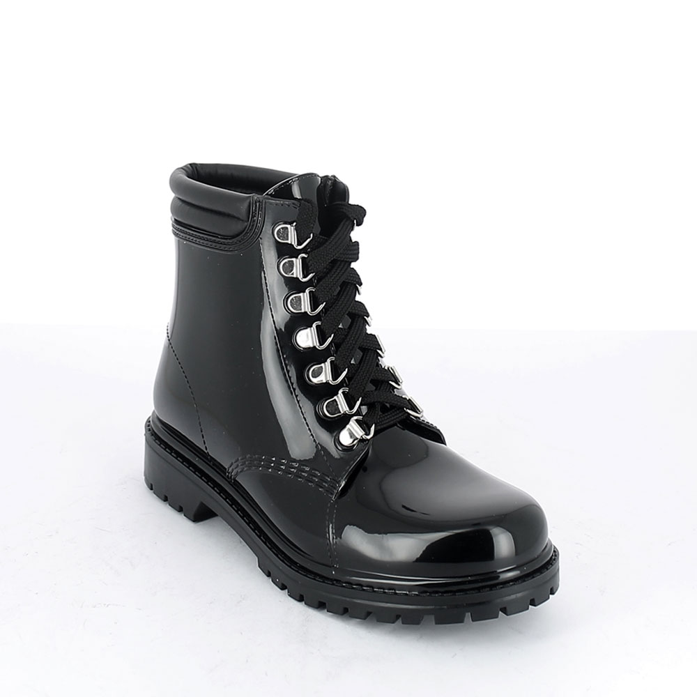 Short laced up walking boot in Black pvc with leatherette padded trim