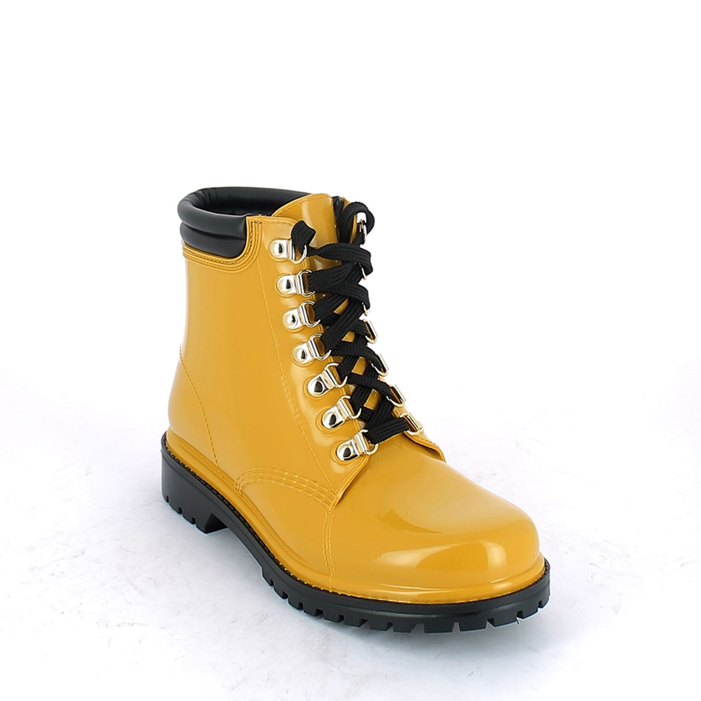 Short laced up walking boot in Mustard yellow pvc with leatherette padded trim