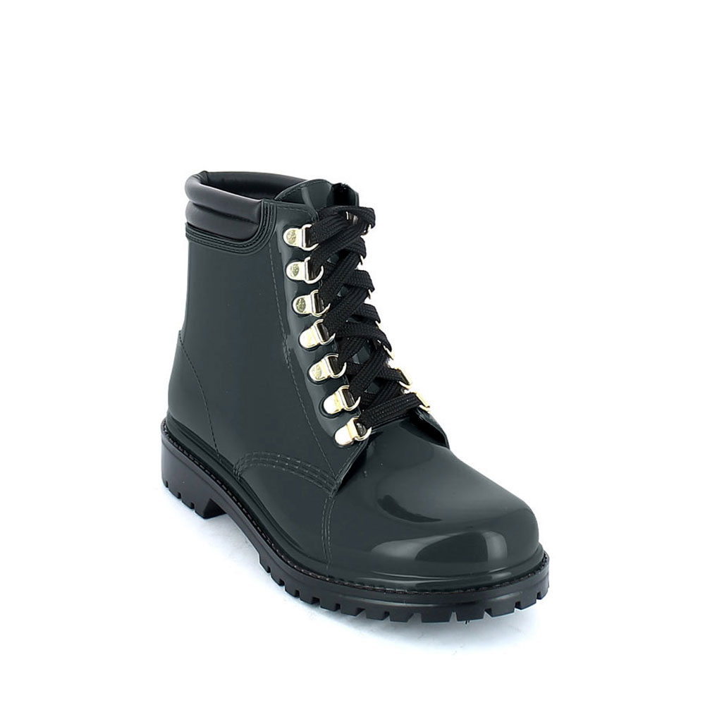 Short laced up walking boot in Pine Green pvc with leatherette padded trim