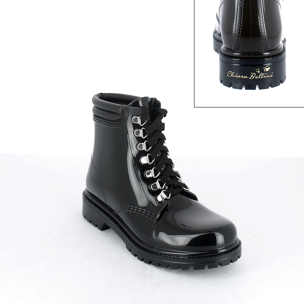 Short laced up walking boot in Black pvc with leatherette padded trim. New 3D logo