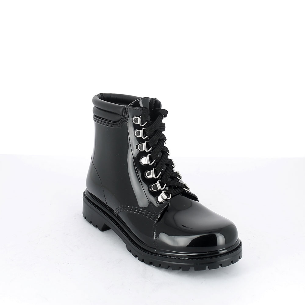 Short laced up walking boot in Black pvc with leatherette padded trim. New 3D logo