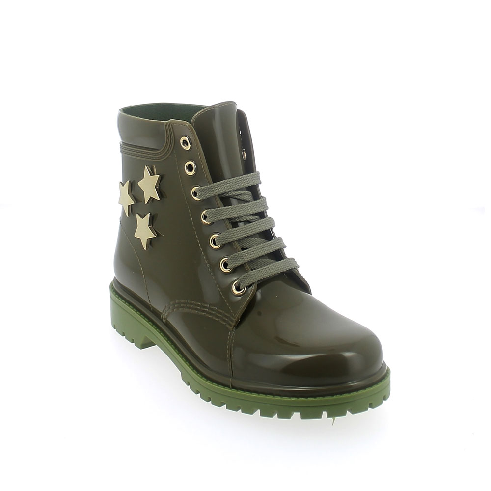 SHORT LACED UP WALKING BOOT IN &quot;OLIVA&quot; PVC WITH GOLD STARS