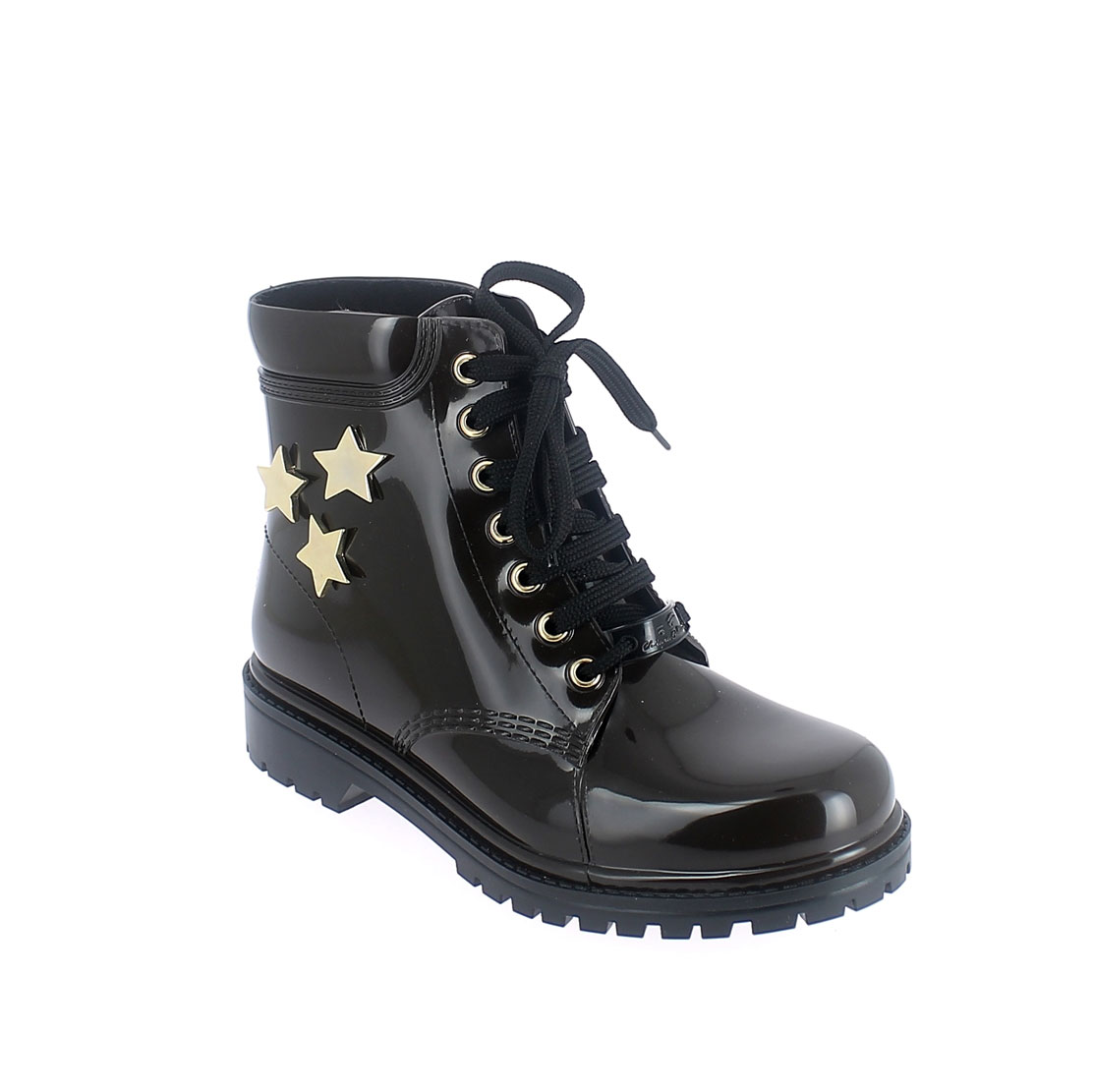 Short laced up walking boot in testa di moro pvc with gold stars