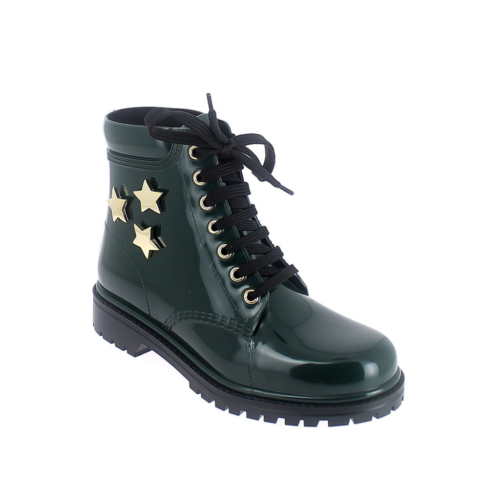 Short laced up walking boot in green pvc with gold stars