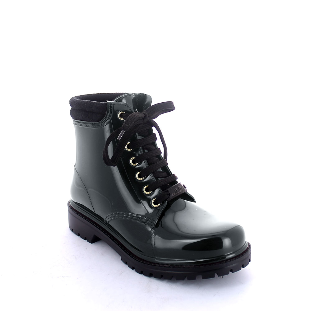 Short laced up walking boot in Smoke Gray pvc with padded trim and sheep skin lining