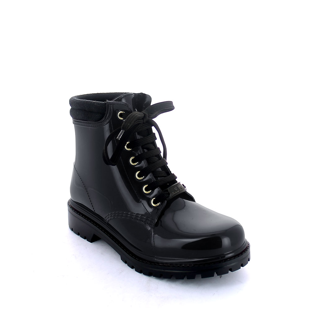 Short laced up walking boot in Black pvc with padded trim and sheep skin lining