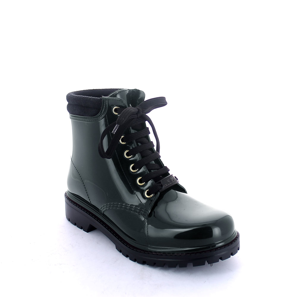 Short laced up walking boot in Pine Green pvc with sheep skin lining