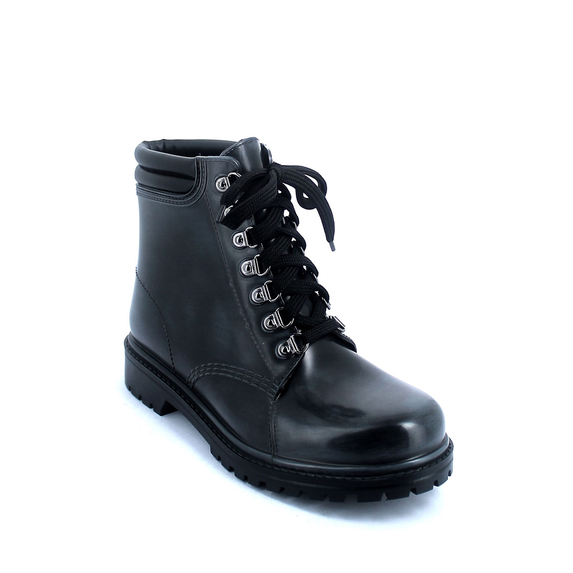 Short laced up walking boot in Black pvc with leatherette padded trim