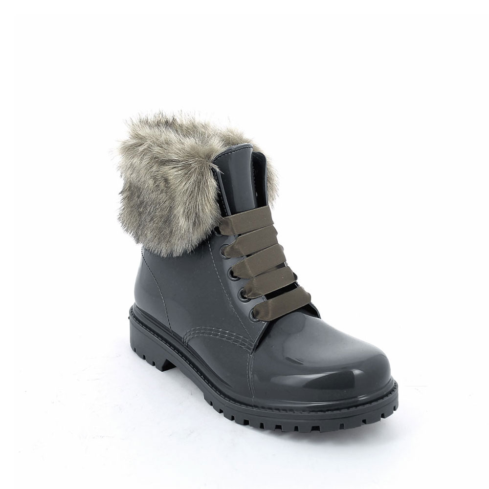 Short laced up boot in Smoke Gray pvc with faux fur collar and felt inner lining