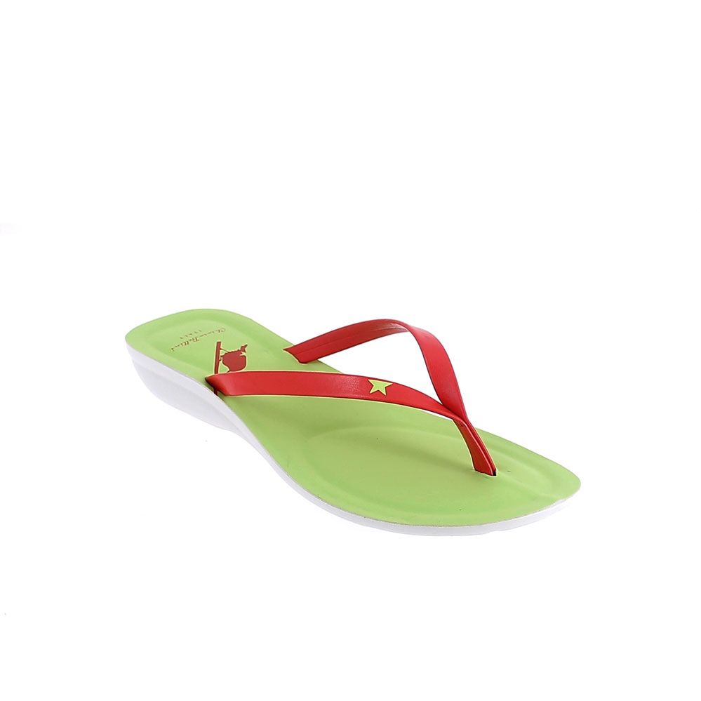 Two-colour faux leather thong in corallo-lime colour