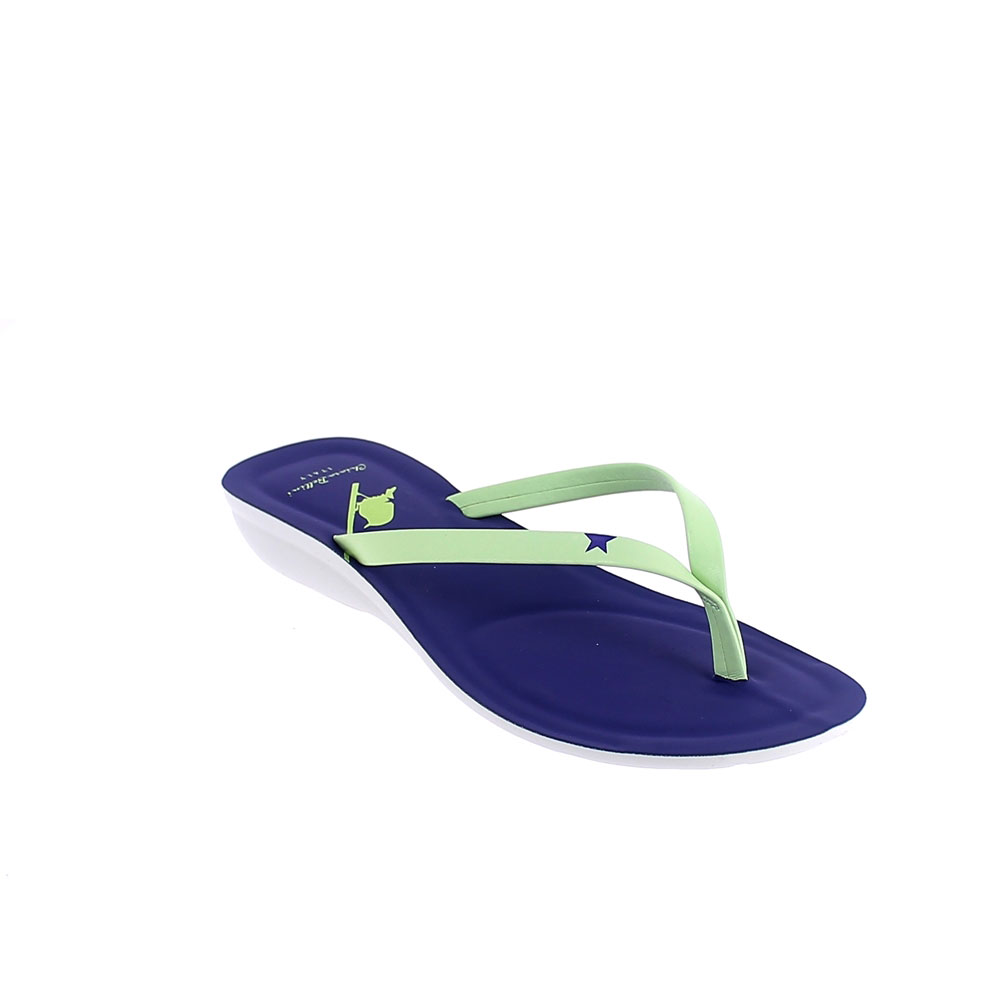 Two-colour faux leather thong in lime-purple colour