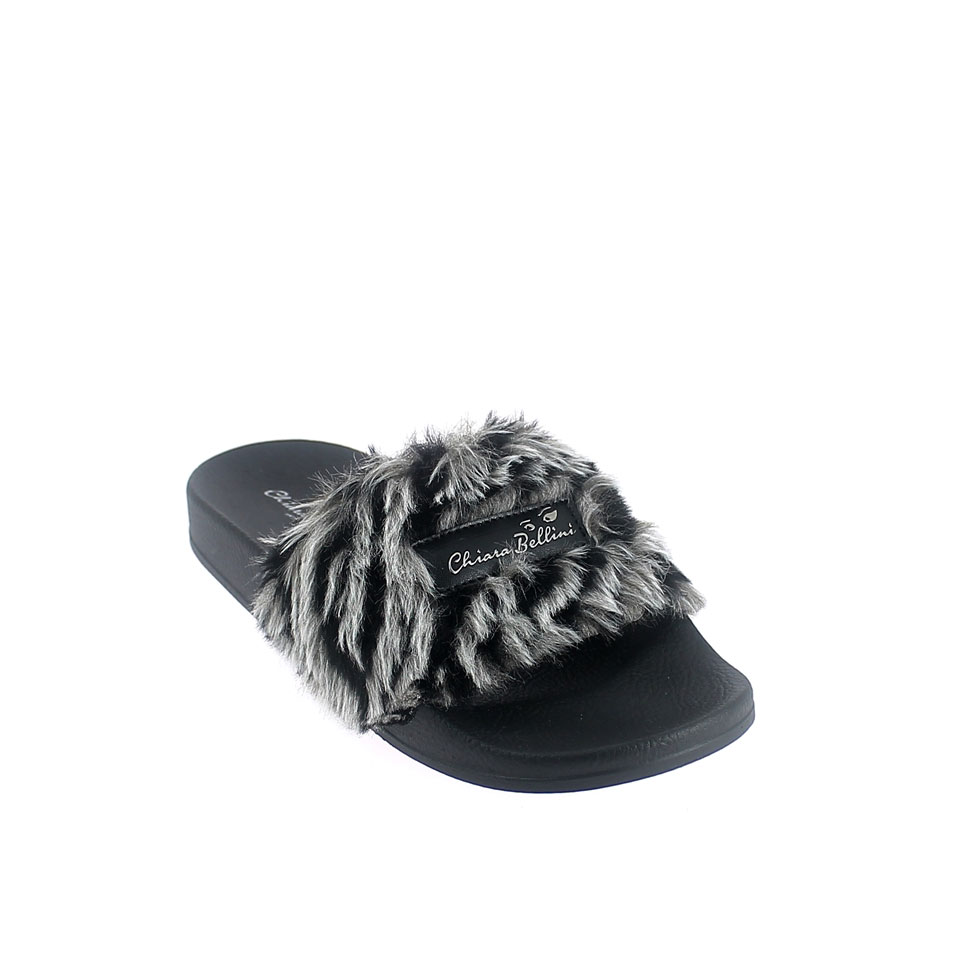 Mule with zebra faux fur band upper and 3D logo