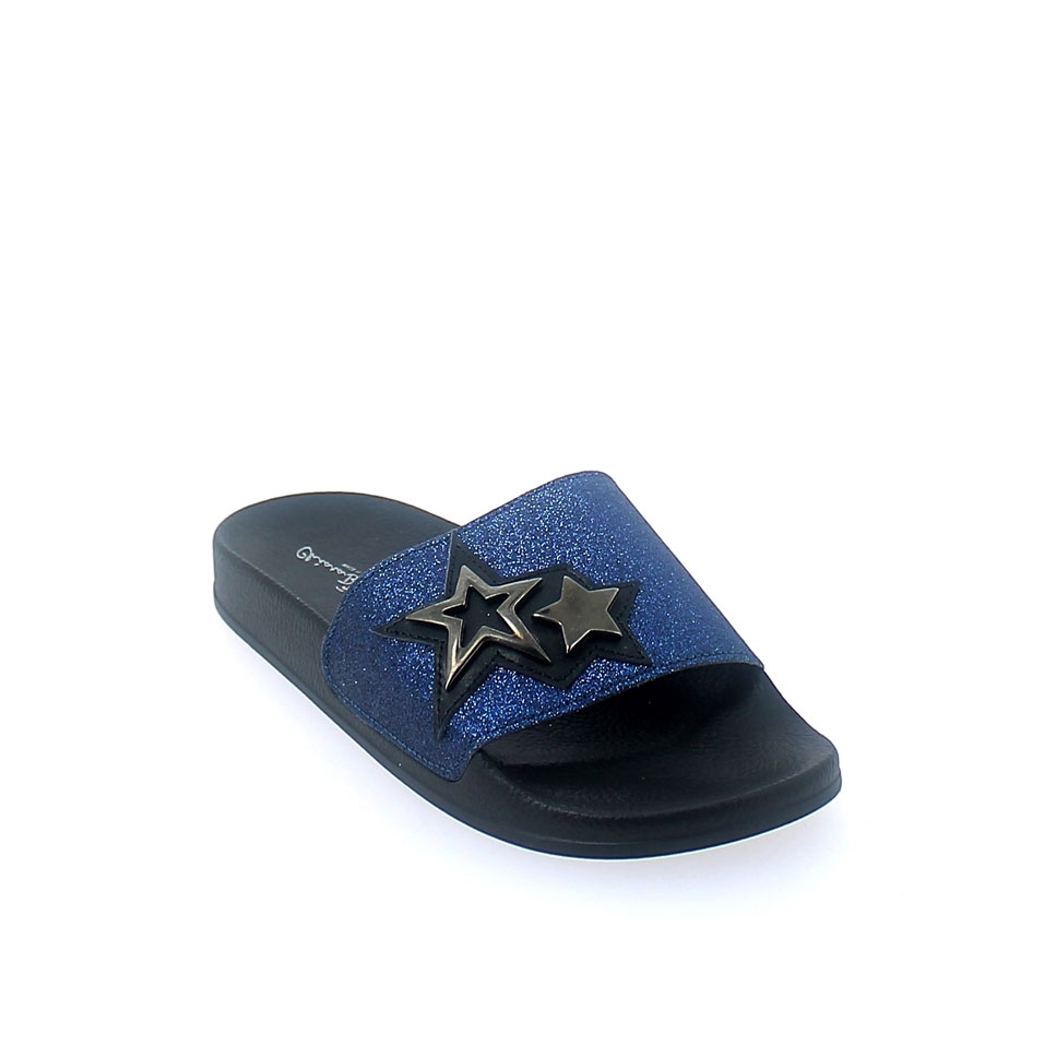 SUMMER MULE IN BLUE-BLACK COLOUR WITH GLITTERY BAND UPPER AND METAL APPLICATIONS IN THE SHAPE OF A GUNMETAL-COLORED STAR