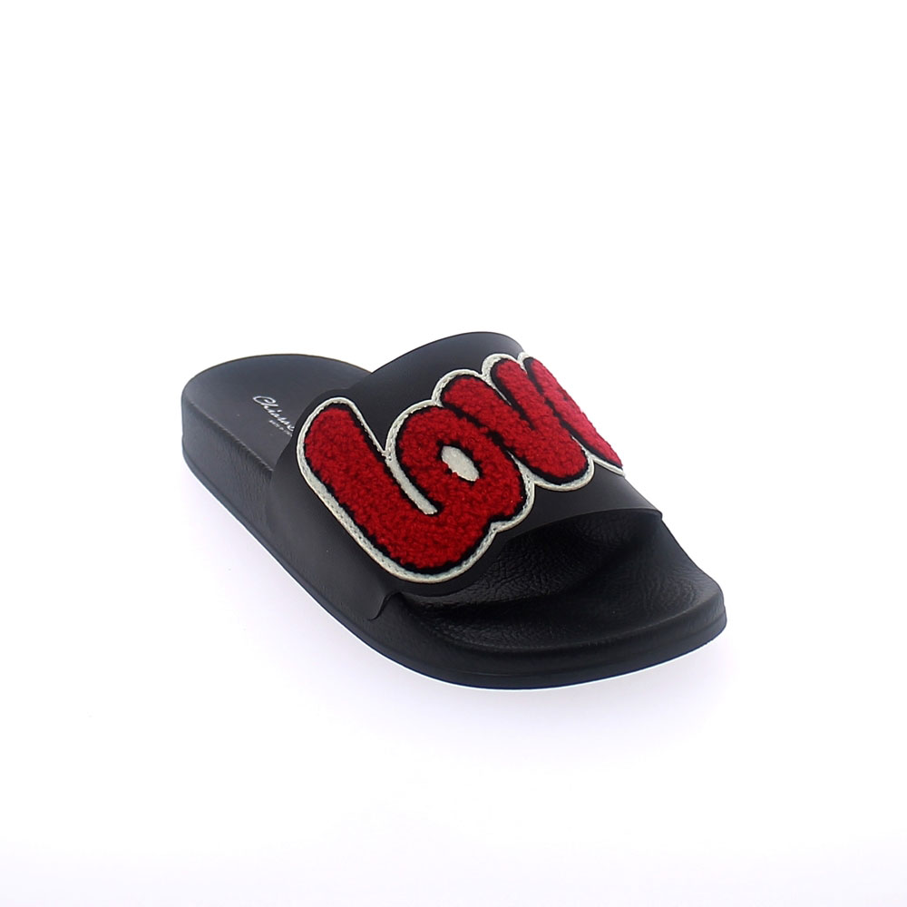 SUMMER MULE IN BLACK COLOUR WITH LEATHERETTE BAND UPPER AND "LOVE" PATCH
