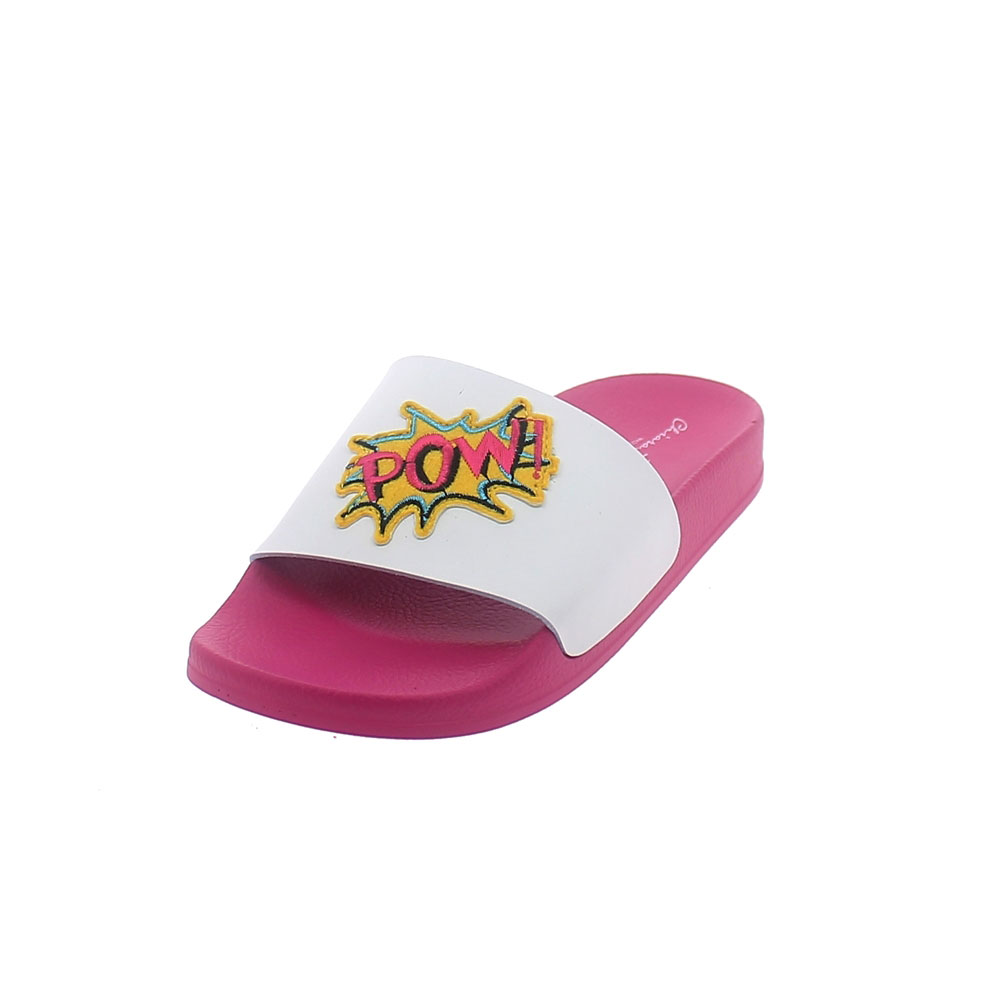SUMMER MULE IN WHITE-FUXIA COLOUR WITH LEATHERETTE BAND UPPER AND &quot;POW&quot; PATCH