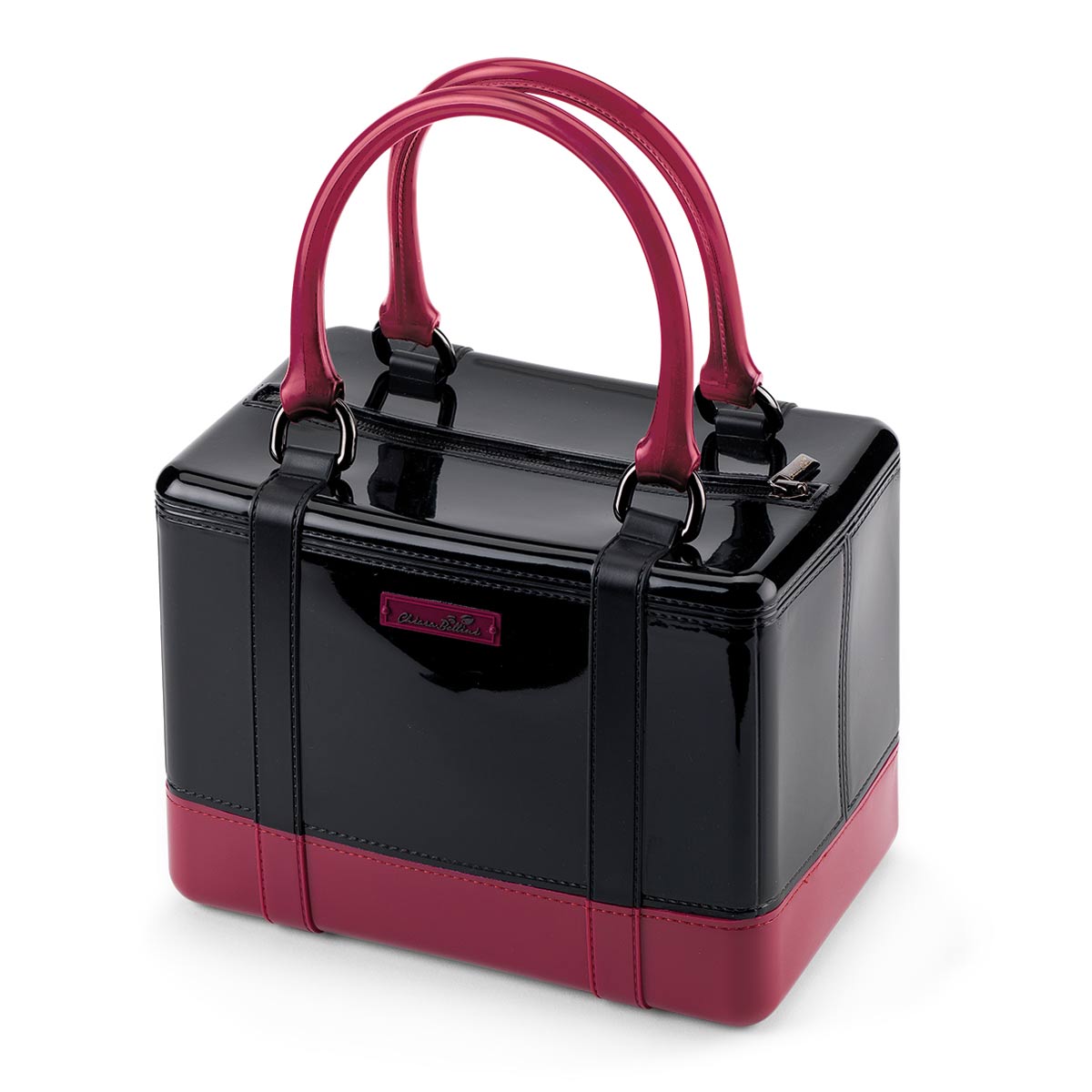 Satchel handbag in solid coloured bright PVC, Black/Cherry