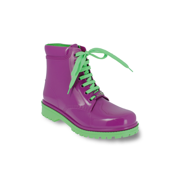 Short laced up boot in dual colour PVC. 