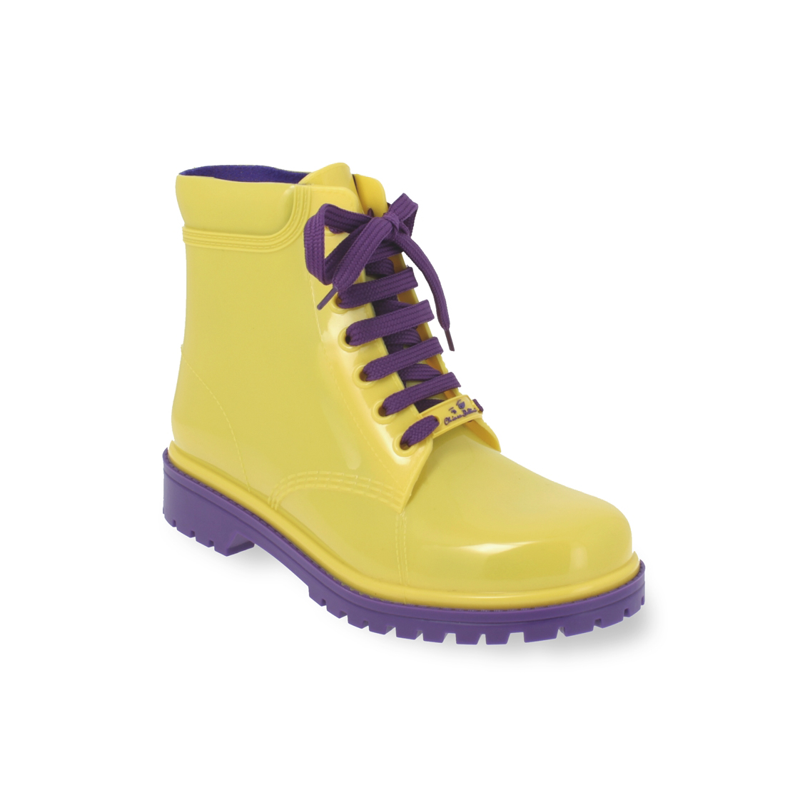 Short laced up boot in dual colour PVC.